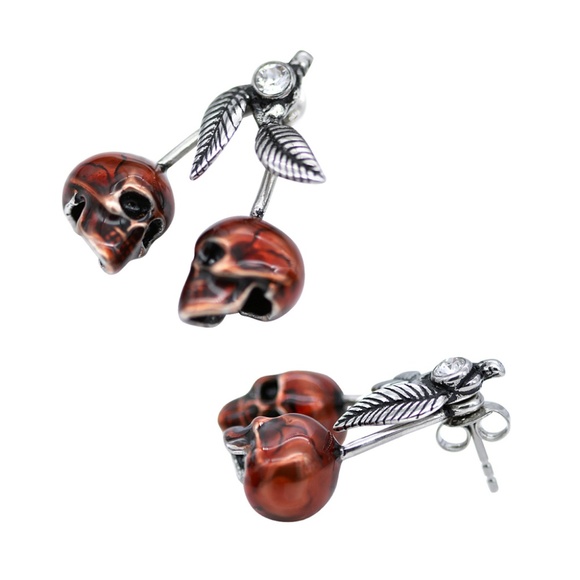 Red Cherry Skulls Punk Earrings Pair Studs SST NWT in Pouch - Picture 2 of 3